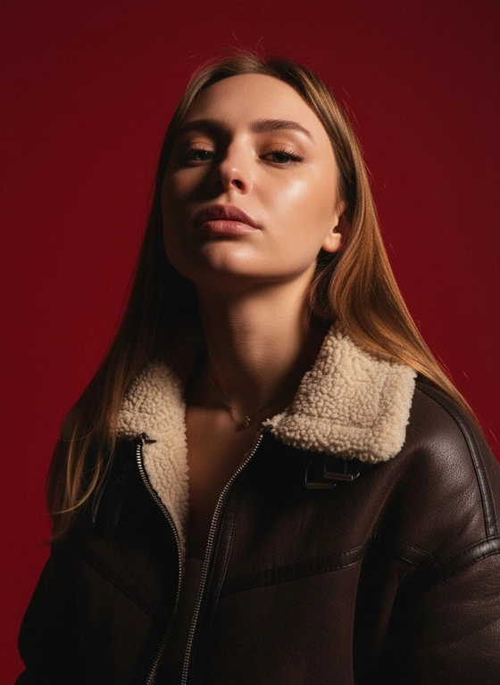 Создай портрет, используя те же черты лица (на основе загруженного фото), характеризующийся резким кинематографическим освещением и интенсивным контрастом. Снятый с немного нижнего ракурса, направленного вверх, что подчеркивает линию подбородка и шеи модели, этот портрет производит впечатление доминантности и скульптурной элегантности. Фон — глубокий, насыщенный малиново-красный, создающий яркий визуальный контраст со сияющей кожей модели и темной одеждой.