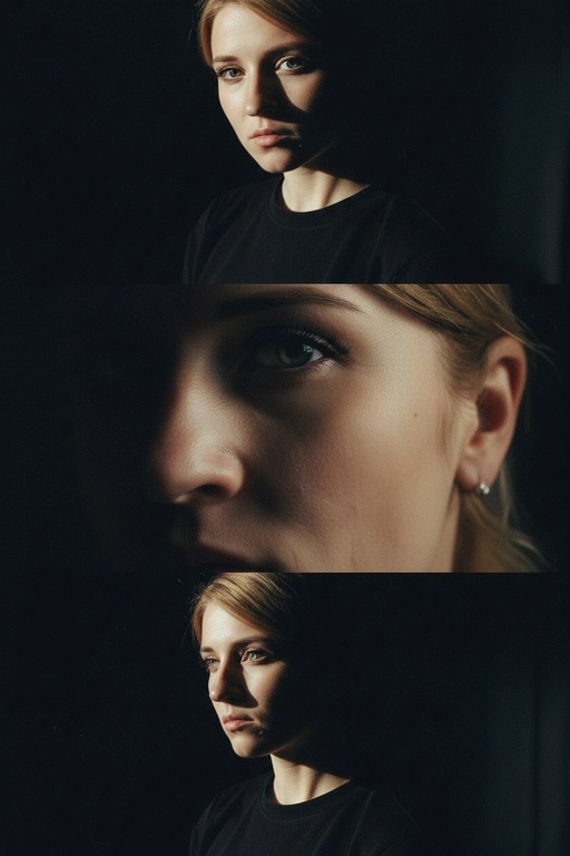 Создай коллаже из 3-х кадров на основе внешности человека на фото. Верхний кадр: человек смотрит в камеру с лёгким наклоном головы. Один глаз в свете, другой в тени — эффект таинственности. Чёрная одежда усиливает драму. Тёмный фон с мягким светом , подчёркивает лицо. 
Центральный кадр (глаз): крупный супер чёткий план её глаза - ресницы, радужка, отражения. Взгляд прямой и глубокий. Фон полностью чёрный. 
Нижний кадр: интенсивный уверенный взгляд человека влево, голова тоже повернута влево. Чёрная одежда, тёмный фон. Жесткий боковой свет, подчёркивающий контуры лица и создающий драматичные тени. Стиль: raw, винтажная плёночная зернистость, драматизм.
