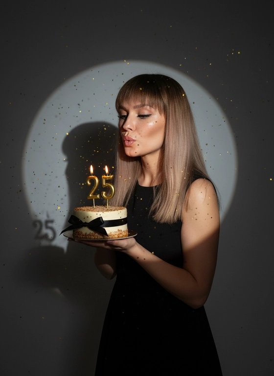 Фотореалистичный портрет женщины с точно таким же лицом, чертами, выражением и цветом волос, как на исходной фотографии - ничего не изменять. Атмосфера - день рождения: мягкий блеск свечи отражается на её лице, в воздухе лёгкие золотистые блёстки, создающие праздничное сияние. Фон темно-серый. Освещение студийное, контрастное, с кругом света на фоне, создающим выразительную тень. Волосы - волнистые, мягко подсвечены. Она немного стоит полубоком. Женщина держит в руках маленький праздничный торт, украшенным чёрными лентами и изящной цифрой из золотых свечей; Она сдувает свечу. Она одета в черное платье без рукавов. Свечки в виде цифр 25.