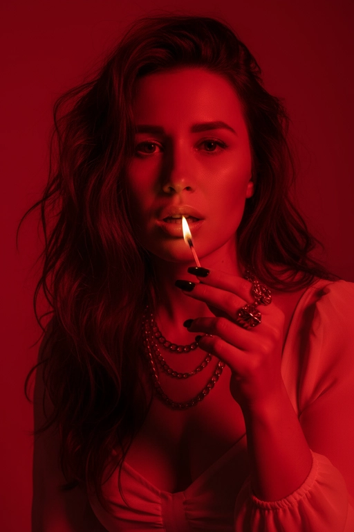 Используйте черты лица, как на прилагаемой фотографии.
смелый, кинематографичный портрет женщины, залитой темно-красным светом, которая подносит к губам зажженную спичку. Теплый отблеск пламени подчеркивает ее блестящие губы и создает эффектный отблеск на коже.
ее выражение ее лица напряженное и пленительное, обрамленное взъерошенными волосами, которые свободно ниспадают на лицо. На ней светлая рубашка и многослойные украшения, в том числе металлическая цепочка и крупные кольца. На ее длинных черных ногтях отражаются едва заметные блики света, усиливая мрачную, чувственную атмосферу. Красный фон и сдержанные тени придают глубину и визуальное напряжение, создавая эффектный образ в редакционном стиле.

Настройки камеры: iso 400, диафрагма f/2.0, выдержка затвора 1/160 сек, объектив 85 мм, ручная фокусировка, баланс белого 2800k, коррекция экспозиции -0,3 ev, подсветка одиночным пламенем с красной заливкой, минимальная зернистость, кинематографическое высококонтрастное освещение с плавными тональными переходами.