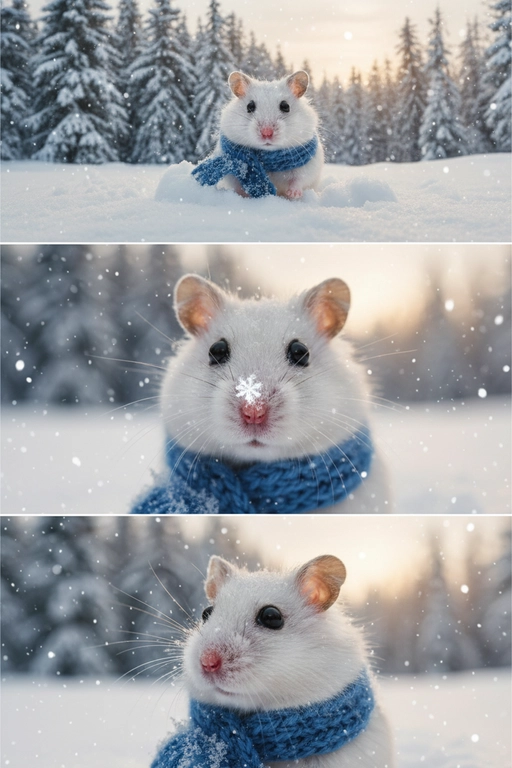     Коллаж из 3-Х фото моего питомца на зимнем фоне в снегу. Питомец в вязаном шарфе, вокруг падает снег, на заднем плане заснеженный лес.

Первый кадр — питомец в полный рост. Он играется со снегом 

Второй кадр — крупный план, увеличенный кадр мордочки питомца с одной снежинкой на носике. Мордочка питомца занимает весь кадр, взгляд прямо в камеру 
 
Третий кадр - портрет питомца, он смотрит в левую сторону. На фото виден шарф, на шарфу есть снежинки 

Три кадра объединены в вертикальный коллаж в едином тоне и свете. Атмосфера — реалистичная, теплая и немного кинематографичная.
Свет мягкий, утренний.  Цвет шарфа - голубой