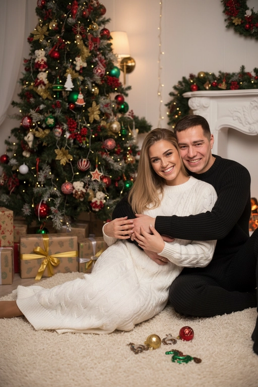 Используй предоставленные изображения и создай фото из домашней новогодней фотосессии. Не меняйте черты лица. . В кадре мужчина и женщина, они сидят на полу в обнимку, улыбаются и смотрят в камеру. Мужчина обнимает женщину сзади за талию. На женщине надето вязаное длинное платье с длинными рукавами. На мужчине вязаный свитера и штаны. На заднем плане стоит наряженная елка с игрушечными шарами, игрушечными лошадками, игрушечными подковами. Под елкой разложены подарочные коробки, перевязанные золотыми лентами. Рядом с парой лежат несколько елочных игрушек как на елке. Фотография выполнена в теплой цветовой гамме. Атмосфера уютная и праздничная. цвет платья девушки- белый, цвет свитера и штанов мужчины - черный