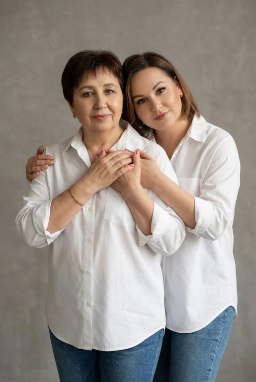 Используй эти два фото мамы и дочери и создай для них студийный портрет в чистом и элегантном стиле. Они стоят рядом, очень близко друг к другу. Дочь мягко обнимает маму за руку и слегка к ней прижимается со спины. Мама сложила руки перед грудью. Образ минималистичный, современный и стильный. На руке у матери тонкий золотой браслет. Профессиональный макияж и прическа.  Не менять черты лица ни на 1 процент. Фон — нейтральный серый с мягкой текстурой. Освещение рассеянное, мягкое, подчёркивающее естественные тона кожи. Атмосфера тёплая, нежная и спокойная, в стиле журнальной съёмки. Обе в свободных стильных белых рубашках с подвернутыми рукавами и джинсах.