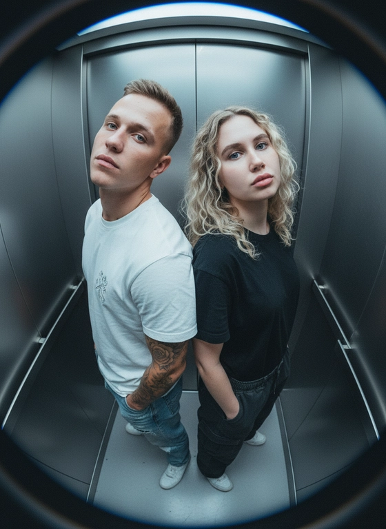 Используй предоставленные изображения и создай фото с двумя людьми в лифте с металлическими стенами. Цветовая гамма с преообладанием серых металлических оттенков. Кадр снят с максимально верхнего ракурса, люди будто заглядывают в камеру, их головы подняты наверх, взгляд в камеру. Легкий эффект fish eye. Реалистичное фото. Зернистость пленочного фото, насыщенные цвета, стиль фото y2k. Сохрани черты лица людей. Они стоят спиной друг к другу. Руки в карманах.