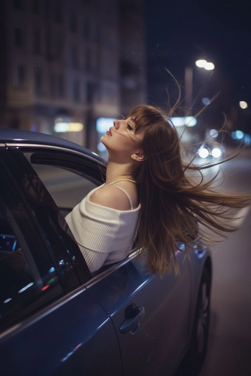 Создайте фото, где я высунула голову из окна машины в тёмную, мечтательную, размытую, винтажную ветреную ночь, в белом трикотажном топе с открытыми плечами. ракурс боковой. Голова чутка откинута назад. Машина в движении.  Выражение лица мечтательное, губы немного приоткрыты. Волосы развеваются в движении. Сохраните детали лица в точности. Пожалуйста, не изменяйте черты лица и оставь таким, какое оно есть.