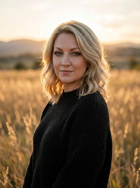 Плёночная эстетика, лёгкая зернистость, мягкая дымка, небольшой естественный шум. portrait of a model, natural skin texture with pores and subtle micro-imperfections, realistic skin rendering, shot on Fujifilm GFX 100, 100mm lens, shallow depth of field, subsurface scattering, soft warm sunset light, rim light, Tyndall effect, unedited look. Фотореалистичный вертикальный портрет модели в три четверти, кадр по пояс, она стоит в поле золотой сухой травы на закате, тёплый контровой свет подсвечивает волосы и создаёт мягкий ореол вокруг головы, на ней уютный вязаный свитер. Фон — мягко размытые стебли трав и дальние холмы с красивым боке. Композиция офф-центр, персонаж смещён вправо. Акцент текстуре света и атмосфере. Тёплая золотая цветовая палитра, кинематографичная цветокоррекция в стиле Kodak Portra, высокая детализация, фотореализм.

Цвет свитера?: Цвет свитера чёрный