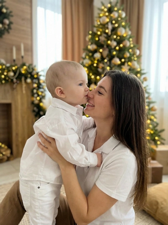   Молодая женщина и маленький мальчик в возрасте 1 год, обнимаются, вероятно мать и сын, сцена наполнена теплом и любовью. Сохрани лица и черты лица с оригинальных фото на 100%. Женщина, с длинными волнистыми темными волосами, одета в белую футболку, улыбается и прижимается лицом к лицу мальчика. Мальчик, светлые волосы, одет в белую футболку и белые брюки, нежно целует женщину в нос. Их позы передают близость и привязанность. Действие происходит в хорошо освещенной комнате, вероятно, в канун Рождества, учитывая фон с наряженной елкой, украшенной гирляндами огней, и мягким теплым светом, проникающим через окно. Обстановка уютная и домашняя. Общий тон изображения мягкий и теплый, преобладают золотистые и коричневые тона, создающие атмосферу праздника и семейного счастья. Композиция кадрирована так, что люди находятся в центре, акцентируя внимание на их взаимодействии.
