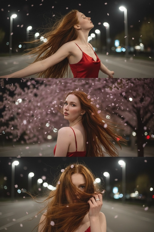 Не меняй черты лица, оставь их точь в точь как на загруженном фото. Фото в стиле триптиха, на котором изображена женщина в ночном городе.

На верхней панели изображена женщина по грудь, в профиль, расположенная в правой части кадра. Она запрокинула голову назад и закрыв глаза будто смотрит в небо разведя руки в стороны. Ее волосы развеваются на ветру закрывая лицо. На заднем плане ночной город полный ярких фонарей, где спокойно и нет людей, в небе развиваются от ветра листья сакуры . 

На средней панели изображена всё та же женщина со спины, смотрящая в кадр. На фоне все усыпано лепестками сакуры и они почти полностью перекрывают ночной город. Её волосы сильно развеваются на ветру в них запутались лепестки сакуры . 

На заднем плане нижней панели, крупным планом, изображено лицо всё той же женщины, частично скрытое развевающимися на ветру волосами в них немного лепестков сакуры, которая смотрит прямо на зрителя. Правой рукой она придерживает волосы, демонстрируя белое обручальное кольцо. 

Ночной Город и небо создают нейтральный, угрюмый фон для фотографии в натуралистическом стиле и при мягком освещении. Использовать лицо с фото на 100% , не изменяя черты лица. На девушке - красное атласное платье на бретельках.