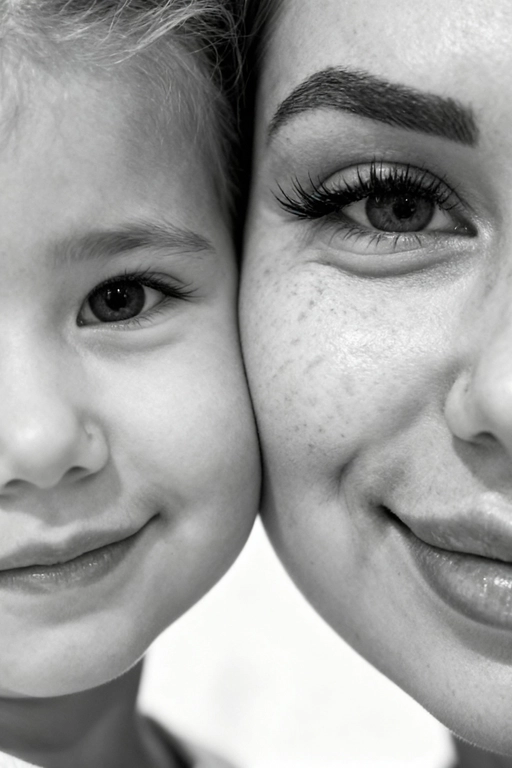 Сверхреалистичная черно-белая художественная фотография 8K женщины и ребенка, снятая очень крупным планом, щека к щеке так что видны только правая половина лица женщины и левая половина лица ребенка. которые смотрят в камеру. Их лица расположены рядом, почти соприкасаясь, образуя идеально сбалансированную симметричную композицию. Каждая деталь передана с фотографической точностью: тонкая текстура кожи и плавные градиенты света и тени. Видимая половина женщины включает ее бровь, один глаз , часть ее носа, щеку и губы, слегка приоткрытые в нежной, естественной улыбке, Видимая половина ребенка включает один глаз , круглую мягкую щеку, часть носа и небольшую улыбку, Фон белый и слегка размытый, что подчеркивает эмоциональную близость между ними. Освещение мягкое и рассеянное, создает деликатный контраст и тональную глубину. На снимке запечатлены нежность, близость и связь между матерью и ребенком, запечатленные с потрясающей реалистичностью. Не меняй черты лиц. 