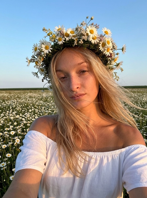 Женщина делает селфи. На ней белое легкое платье с открытыми плечами, лёгкое хлопковое  платье. Кожа загорелая. У нее на голове объёмные цветочные венки из мелких полевых ромашек . Венки должны быть пышные, натуральные, свежие, как летний flower crown. Цветы расположены вокруг головы, без искусственного вида.
Её волосы развиваются от ветра слегка падая на лицо.
Фон: летнее поле с ромашками. Открытое небо без облаков слегка голубое.
Не размывай фон. Голова слегка наклонена к плечу.
Рук в кадре нет.
Горизонт прямой , волосы сильно развиваются от ветра. Солнечная погода в золотой час.