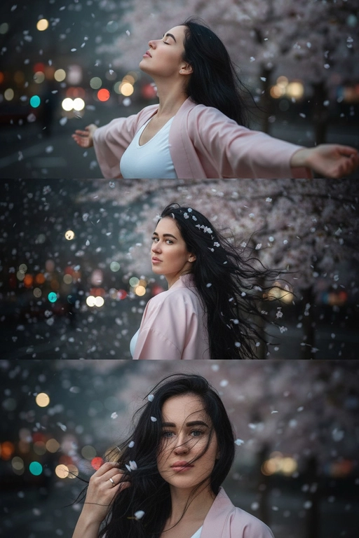 Не меняй черты лица, оставь их точь в точь как на загруженном фото. Фото в стиле триптиха, на котором изображена женщина в ночном городе.

На верхней панели изображена женщина по грудь, в профиль, расположенная в правой части кадра. Она запрокинула голову назад и закрыв глаза будто смотрит в небо разведя руки в стороны. Ее волосы развеваются на ветру закрывая лицо. На заднем плане ночной город полный ярких фонарей, где спокойно и нет людей, в небе развиваются от ветра листья сакуры . 

На средней панели изображена всё та же женщина со спины, смотрящая в кадр. На фоне все усыпано лепестками сакуры и они почти полностью перекрывают ночной город. Её волосы сильно развеваются на ветру в них запутались лепестки сакуры . 

На заднем плане нижней панели, крупным планом, изображено лицо всё той же женщины, частично скрытое развевающимися на ветру волосами в них немного лепестков сакуры, которая смотрит прямо на зрителя. Правой рукой она придерживает волосы, демонстрируя белое обручальное кольцо. 

Ночной Город и небо создают нейтральный, угрюмый фон для фотографии в натуралистическом стиле и при мягком освещении. Использовать лицо с фото на 100% , не изменяя черты лица. На девушке - белый топ и нежно-розовое хаори в японском стиле.