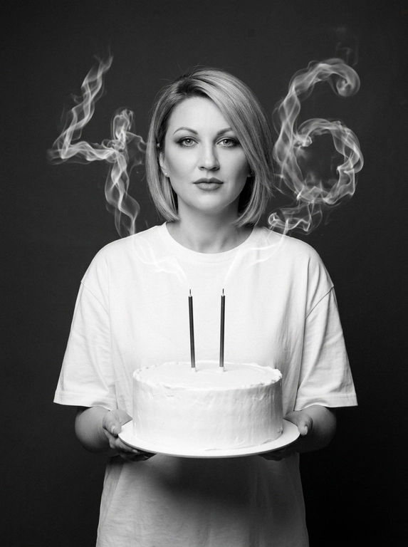 Create a highly photorealistic birthday studio portrait. Use ONLY the uploaded photo as the identity reference and generate the entire scene from scratch.

IDENTITY LOCK: preserve the uploaded person’s exact identity, facial structure, proportions, eyes, eyebrows, nose, lips, jawline, skin tone, skin texture, natural asymmetry, hair color and natural appearance. Preserve the person’s gender exactly as shown. Do not feminize, masculinize, beautify, age, de-age or alter their identity.

POLISHED APPEARANCE: the person must look exceptionally well-groomed, clean, polished and professionally styled, while remaining recognizable as themselves. Hair must look freshly washed, healthy, neat and professionally styled. Preserve the original hair color, length and texture from the uploaded photo, but create a tasteful, natural hairstyle suitable for a professional editorial birthday portrait. For women, create a polished feminine blowout or elegant natural styling when compatible with the original hair. For men, create neat, professionally groomed hair while preserving the original hairstyle. Skin should look clean and healthy with subtle natural grooming, never heavy makeup or artificial retouching.

COMPOSITION LOCK — identical for male or female:
The person stands centered, facing directly toward the camera, framed from approximately the waist up. They wear an oversized plain white T-shirt. Both hands hold a large round white frosted birthday cake on a simple white plate at lower center frame. The cake is directly in front of the torso, never positioned to the side. Two thin dark candles stand vertically on the cake.

Behind the person is a smooth dark charcoal-gray studio background. Realistic white candle smoke rises upward and forms the exact number. The number appears ONLY ONCE, large and clearly readable behind the upper body/head area, naturally connected to the candle smoke. It must look like real physical smoke, not typography.

The person looks directly into the camera with a calm, confident, natural expression and closed mouth.

Black-and-white luxury editorial photography, soft cinematic studio lighting, subtle shadows, realistic contrast and fine film grain. Ultra-photorealistic skin, hair, fabric, cake, hands and physically accurate smoke.

No plastic skin, messy or unstyled hair, greasy hair, excessive makeup, beauty filter, excessive retouching, CGI look, HDR, artificial sharpness, extra people, text, logos or watermark

Цифры из дыма: 46