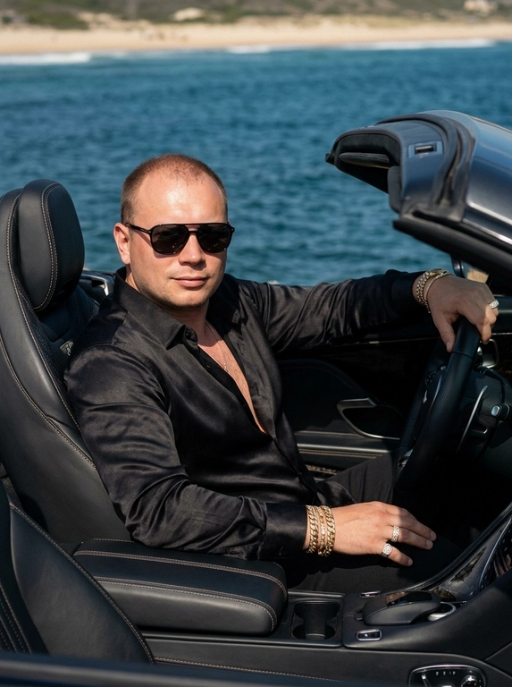 Фотореалистичная luxury lifestyle fashion-фотография на побережье в эстетике дорогой мужской рекламной кампании. Мужчина сидит за рулём современного премиального кабриолета с открытой крышей, припаркованного у океанского побережья. Кадр снят с пассажирской стороны через открытый салон, камера расположена чуть ниже уровня глаз и близко к мужчине. Кадрирование по грудь.

Мужчина расслабленно откинулся в кожаное водительское сиденье, корпус слегка развёрнут к камере. Одна рука свободно лежит на руле, вторая расслабленно расположена у центральной консоли. Голова слегка повернута к объективу, взгляд направлен прямо в камеру. Выражение лица спокойное, уверенное и сдержанное.

На мужчине свободная чёрная рубашка из плотного шёлка с матово-сатиновым блеском, верхние пуговицы расстёгнуты. Рукава слегка закатаны, открывая запястья. На руке массивный золотой браслет с инкрустацией камнями и несколько крупных золотых мужских колец. Металл и камни ловят точечные солнечные блики, аксессуары выглядят дорогими и реалистичными, без чрезмерного блеска.

Салон автомобиля выполнен из тёмной премиальной кожи с аккуратной прострочкой, металлическими деталями и минималистичной современной отделкой. Интерьер остаётся затемнённым и создаёт глубокий контраст с ярким морским пейзажем за открытым автомобилем.

На заднем плане видны глубокий синий океан, светлый песчаный пляж и чистая линия горизонта. Морской пейзаж мягко уходит в естественную глубину резкости, оставаясь узнаваемым. Яркий дневной солнечный свет падает сбоку, подчёркивает скулы, линию лица, фактуру чёрной рубашки и золотые аксессуары.

Натуральная текстура кожи, отчётливо видимые поры и мелкий рельеф кожи, естественные солнечные блики, без пластиковой ретуши, без AI smoothing.

Снято на профессиональную полнокадровую камеру, 85mm, f/1.4, ISO 100, RAW. Shallow natural depth of field, rich blacks, warm skin tones, deep ocean blues, subtle film grain, controlled highlights, premium luxury campaign color grading, high-end men's lifestyle editorial, ultra realistic, high detail, no CGI, no artificial glossy skin, no excessive HDR.

Очки: На нём тёмные солнцезащитные очки