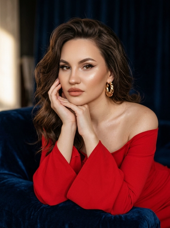 Стиль y2k, легкий макияж с акцентом на глаза, длинные ресницы, хайлайтер.
Не меняя внешности с фото, изображена элегантная женщина. Она позирует с лёгким наклоном тела вправо, опираясь рукавами на какую-то поверхность, видимо мягкую и уютную, поскольку видна мягкая бархатная фактура темно-синего фона, напоминающего велюровый диван. Женщина одета в обтягивающее платье с открытыми плечами, подчёркивающее её изящную линию ключиц. Рукава платья отличаются особым кроем — они широкие, расклёшенные к концам, что добавляет образу нотку современного минимализма и лёгкости. Её руки элегантно переплетены под подбородком. Лицо женщины поданное с выразительной чёткостью глаза обрамлены ярким, искусно нанесённым макияжем с удлинёнными стрелками, подчёркивающими взгляд, длинные ресницы, а губы покрыты матовой помадой естественного тёплого оттенка. Освещение в кадре мягкое и рассеянное, тёплое, падает преимущественно с левой стороны, подчёркивая рельеф лица и создавая лёгкие тени, которые придают объём и глубину образу. Фон в глубине кадра частично скрыт тенью, с контрастом между светлой зоной слева и более тёмной справа, создавая гармонию и акцентируя внимание на лицевой части и верхней половине фигуры. Вся сцена выглядит камерной, интимной и стильной, где каждая деталь — от позы до ткани и света — объединяется в эстетически выверенный художественный портрет, излучающий уверенность и спокойное очарование. фотореалистичное изображение, высокая текстурная детализация, высокое качество, разрешение 8K. Raw photo, зернистость пленки по всему фото, задний фон размыт. В ухе золотая объемная серьга .

Какая будет прическа?: Волосы уложены в мягкие локоны с объемом у корней

Цвет платья: Цвет платья красное