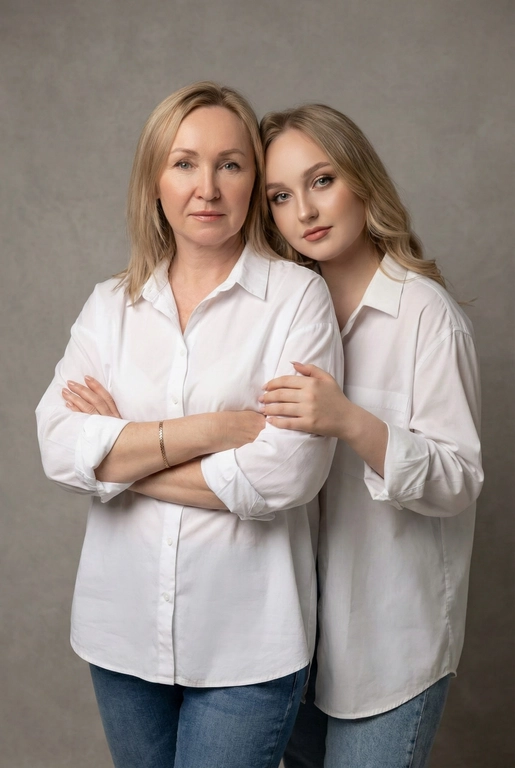 Используй эти два фото мамы и дочери и создай для них студийный портрет в чистом и элегантном стиле. Они стоят рядом, очень близко друг к другу. Дочь мягко обнимает маму за руку и слегка к ней прижимается со спины. Мама сложила руки перед грудью. Образ минималистичный, современный и стильный. На руке у матери тонкий золотой браслет. Профессиональный макияж и прическа.  Не менять черты лица ни на 1 процент. Фон — нейтральный серый с мягкой текстурой. Освещение рассеянное, мягкое, подчёркивающее естественные тона кожи. Атмосфера тёплая, нежная и спокойная, в стиле журнальной съёмки. Обе в свободных стильных белых рубашках с подвернутыми рукавами и джинсах.