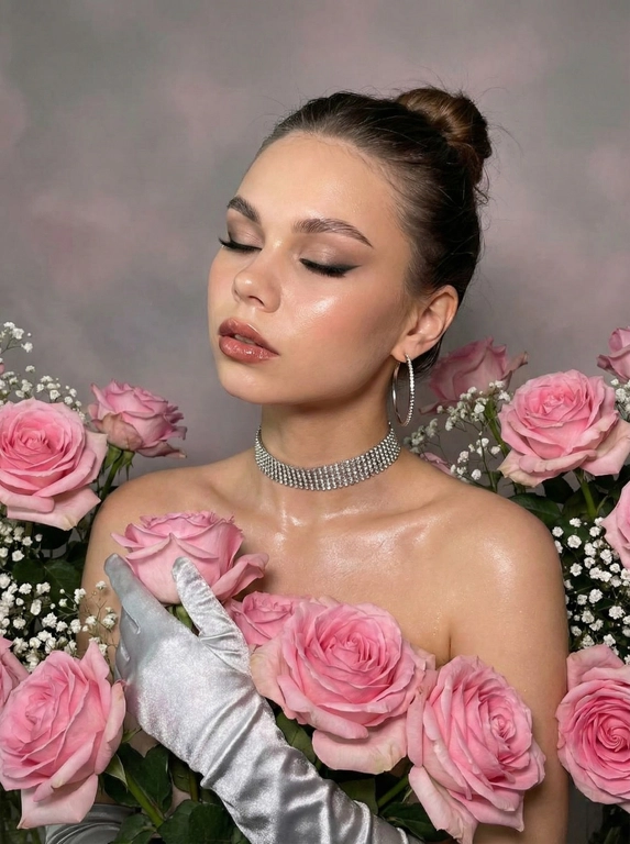   На изображении изображена молодая женщина с закрытыми глазами. Ее голова слегка наклонена назад. У нее темные волосы, собранные в небрежный пучок, и безупречный макияж, включающий подчеркнутые брови, тени для век с четкой подводкой, румяна и глянцевую помаду.
На ее шее сверкающий чокер с рядами страз. В ушах надеты крупные серьги-кольца. Ее плечи обнажены, а руку в длинной серебристой перчатке украшают несколько розовых роз.
Вокруг нее расположено множество цветов, включая крупные розовые розы и мелкие белые цветочки. Фон размыт и имеет серовато-розовый оттенок. На коже заметен легкий блеск, создающий эффект влажной кожи.
