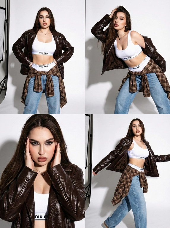  Коллаж из четырех фотографий женщины с загруженной фотографии лицо не изменять 100% сходство в стиле high-fashion и streetwear. Она позирует в студии с жестким направленным светом. На ней надет белый спортивный топ-бра и трусы-боксеры с логотипом на резинке (стиль Miu Miu), светлые голубые джинсы свободного кроя и объемная темно-коричневая кожаная куртка из глянцевой кожи. На талии повязана коричневая клетчатая рубашка в стиле гранж. 
Детализация для нейросети 
• Внешность и поза: Модель с выразительными чертами лица. Позы динамичные: взгляд в камеру, легкий наклон корпуса, руки в движении. 
• Одежда и текстуры: 
• Куртка: Оверсайз, темно-шоколадного цвета, с интенсивным виниловым или лакированным блеском. 
• Белье: Белый хлопковый трикотаж с минималистичным черным текстом по центру резинки. 
• Низ: Светло-голубой деним, классическая клетка «тартан» на рубашке (бежевый, коричневый, белый цвета). 
• Освещение и фон: Профессиональный студийный свет, создающий глубокие контрастные тени на белом фоне. Видны элементы студийного оборудования (стойка софтбокса) по краям кадра, что добавляет эстетику «backstage» или журнальной съемки. 
• Стиль съемки: Эстетика модных журналов 2000-х (Y2K) в современной интерпретации. Высокое разрешение, четкие текстуры кожи и ткани, эффект вспышки «в лоб».
3:4