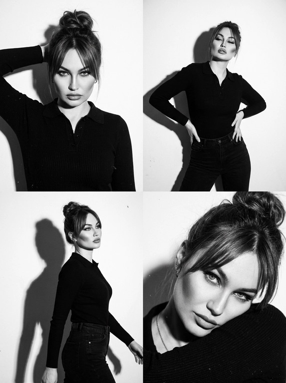 Коллаж ч/б, коллаж 2×2 из 4 ультрареалистичных фото. Стиль: ч/б, high contrast, эстетика плёнки 90-х (Pentax K1000 + Kodak Tri-X 400), заметное film grain. Свет: жёсткий студийный flash, чёткая тень на белой стене. Локация: минималистичная студия, белый фон. Модель: та же женщина (внешность не менять). Одежда: чёрный облегающий лонгслив-поло + чёрные джинсы. Макияж: matte sculpted — контуринг, пухлые губы с карандашом, густые ресницы, высокая детализация лица. Кадры: 1. верх-лево — портрет по грудь, рука за головой, прямой уверенный взгляд (Vogue 1995 vibe). 2. верх-право — план по бёдра, руки на талии, изогнутый корпус, голова назад или вбок, half-closed eyes. 3. низ-лево — полупрофиль в движении, разворот головы и корпуса, dreamy взгляд в сторону, тень профиля. 4. низ-право — close-up, голова к плечу, игривый взгляд исподлобья, фокус на глазах и губах. Не менять лицо и цвет волос. Фото сделано на iPhone 17 Pro Max со вспышкой.


Какая будет прическа?: Небрежный высокий пучок в стиле бомбшелл 90-х, объём у корней, удлинённая чёлка-шторка