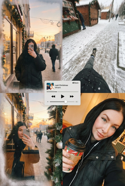   Многопанельный коллаж в стиле зимнего постера, передающий рождественскую атмосферу улицы, снятый как спонтанная фотография на iPhone. Сцена выглядит естественной, уютной и реалистичной: мягкий снегопад, тёплые отражения в окнах и едва заметная аналоговая зернистость создают праздничное, но сдержанное рождественское настроение. Все кадры объединены единым визуальным образом и ощущением зимнего уюта. 
 
В верхнем левом кадре — отражающая витрина магазина на закате. Слабые рождественские огни и матовые края стекла окружают человека, который держит телефон, частично закрывающий лицо. Тёплые блики света, гирлянды, уличные огни и проходящие силуэты создают мягкое размытие и многослойные отражения в стекле с естественным искажением кривизны. 
 
В верхнем правом кадре — крупный план, снятый сверху вниз, на заснеженном тротуаре или возле рождественского рынка. Человек небрежно наклоняется вперёд, создавая ощущение движения и спонтанности. Падающий снег формирует лёгкое размытие, а поверхность земли слегка искажается в зависимости от ракурса объектива, усиливая эффект съёмки с рук, без постановки. 
 
Нижний правый кадр — интимное селфи, сделанное сверху при тёплом уличном или кафешном освещении. В руках — праздничный напиток на вынос (кофе или глинтвейн), заметны проводные наушники. Детали хорошо проработаны, а мягкая зернистость усиливает ностальгическое рождественское настроение. 
 
В центре коллажа расположен минималистичный мини-плеер в стиле Apple Music, отображающий популярную рождественскую песню (например, «Last Christmas» или «All I Want for Christmas Is You»), выполненный в плоском, чистом дизайне без теней. 
 
Цветовая палитра тяготеет к тёплым янтарным, мягким красным, сосново-зелёным и приглушённым зимним серым тонам, создавая атмосферу праздничной близости, визуальной теплотой и эмоциональной узнаваемости — без ощущения постановки или футуризма.