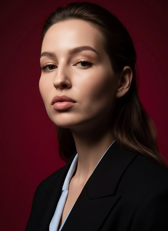 Создай портрет, используя те же черты лица (на основе загруженного фото), характеризующийся резким кинематографическим освещением и интенсивным контрастом. Снятый с немного нижнего ракурса, направленного вверх, что подчеркивает линию подбородка и шеи модели, этот портрет производит впечатление доминантности и скульптурной элегантности. Фон — глубокий, насыщенный малиново-красный, создающий яркий визуальный контраст со сияющей кожей модели и темной одеждой.
