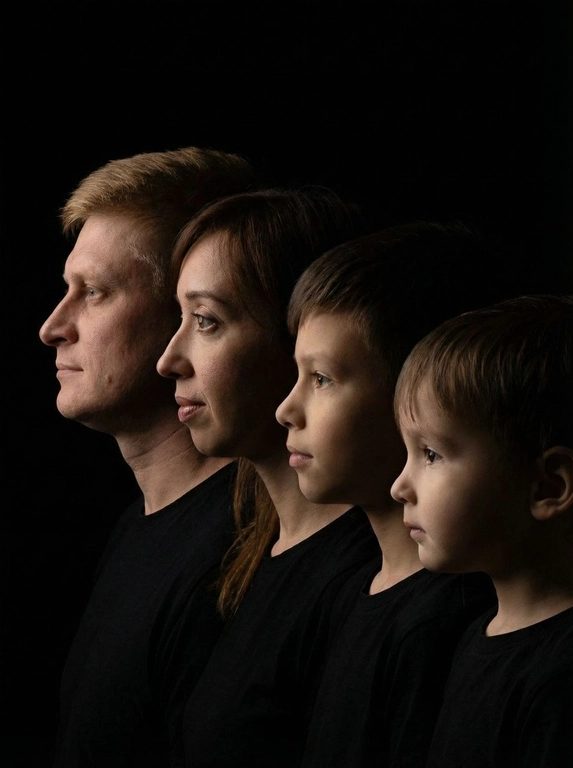 Профессиональный студийный портрет с низким контрастным светом. Головы расположены строго в одну линию. боковой профиль, взгляд влево. У всех видны только головы и немного плечи. Головы занимают весь кадр. Черный фон. Черная одежда у всех. Расположи их по убыванию возраста.