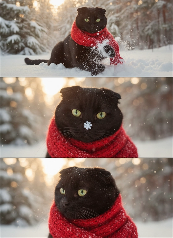     Коллаж из 3-Х фото моего питомца на зимнем фоне в снегу. Питомец в вязаном шарфе, вокруг падает снег, на заднем плане заснеженный лес.

Первый кадр — питомец в полный рост. Он играется со снегом 

Второй кадр — крупный план, увеличенный кадр мордочки питомца с одной снежинкой на носике. Мордочка питомца занимает весь кадр, взгляд прямо в камеру 
 
Третий кадр - портрет питомца, он смотрит в левую сторону. На фото виден шарф, на шарфу есть снежинки 

Три кадра объединены в вертикальный коллаж в едином тоне и свете. Атмосфера — реалистичная, теплая и немного кинематографичная.
Свет мягкий, утренний.  Цвет шарфа - красный 