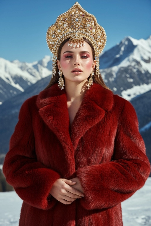 Создай портрет на открытом воздухе в стиле высокой моды, вдохновлённый редакционной фотографией Vogue. Человек элегантно позирует на фоне заснеженных гор под ярким солнечным светом. На заднем плане кинематографический альпийский пейзаж с чистым небом и свежим воздухом. Модель одета в роскошную красную шубу с плотной текстурой, украшенная детализированным ювелирным головным убором похожий на кокошник и подходящими серьгами, которые сверкают на свету. Кожа светящаяся, губы слегка приоткрыты, макияж с ярким румянцем и глянцевым финишем. Освещение яркое, насыщенное и кинематографическое, подчёркивающее контраст между красной шубой и холодными тонами заснеженных гор. Стиль: мода Vogue, высокая мода, ультрареализм, богатая цветовая палитра, разрешение 8К, естественный солнечный.