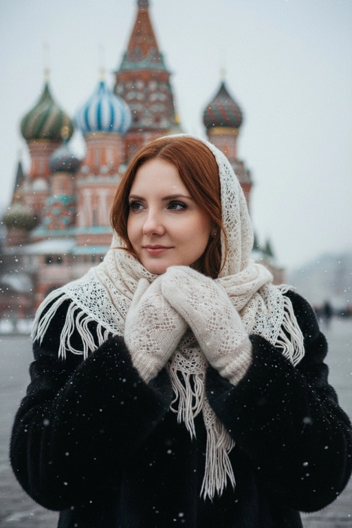 Не изменяйте черты лица. На фотографии портрет груди девушки. На ней чёрная шуба, плечи, голова и грудь обернуты светлым кружевным мохеровым шарфом. На ней также варежки из того же материала. Одна её рука касается другой, а ладони скрещены и мягко лежат на груди. Лицо девушки обращено к камере, взгляд направлен влево. На ней лёгкая задумчивая улыбка, ресницы густо накрашены. Фон — зимний, со снегом и собором Василия Блаженного в Москве. Фон сильно размыт. Идет снег. Легкий эффект холодной зернистости.