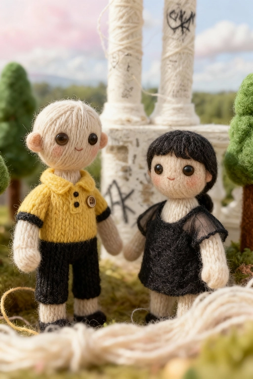 Используя загруженное изображение в качестве основы, создайте произведение искусства из ниток своими руками — диораму из пряжи и фетра. Макросъёмка, мягкий рассеянный свет, пастельная палитра, высокая детализация волокон и стежков, уютная, сказочная атмосфера и слегка уменьшенный масштаб, как в диораме. Если на фото изображены люди - изобрази их в стиле вязаных человечков с глазами-пуговицами.