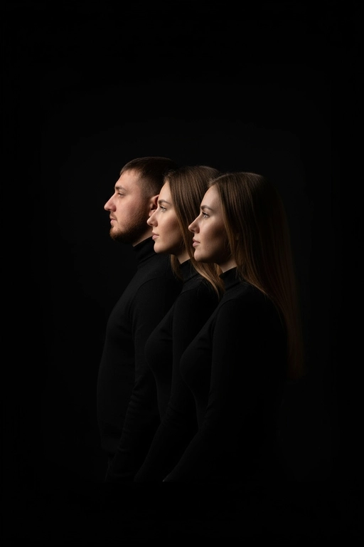 Профессиональный студийный портрет с низким контрастным светом. Головы расположены строго в одну линию, каскадом. боковой профиль, взгляд влево. У всех видны только головы и немного плечи. Черный фон. Черная одежда у всех. Люди занимают весь кадр. 3 человека. Порядок слева на право: отец-> мать-> ребенок.