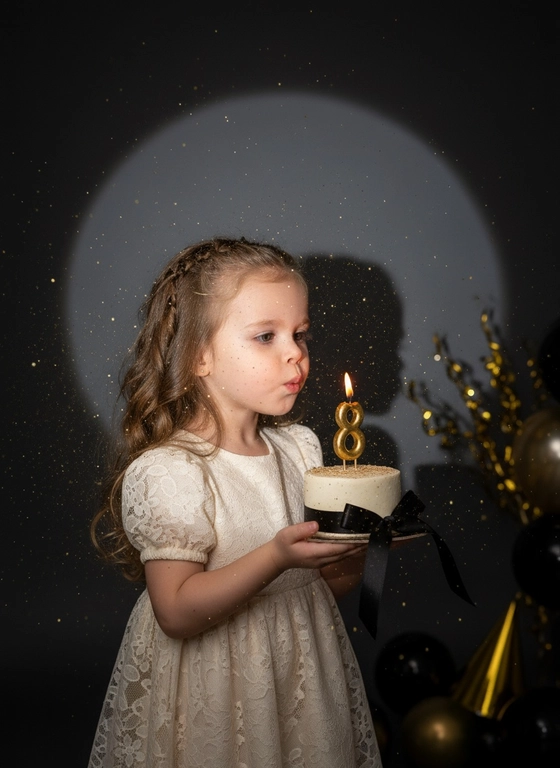 Фотореалистичный портрет женщины с точно таким же лицом, чертами, выражением и цветом волос, как на исходной фотографии - ничего не изменять. Атмосфера - день рождения: мягкий блеск свечи отражается на её лице, в воздухе лёгкие золотистые блёстки, создающие праздничное сияние. Фон темно-серый. Освещение студийное, контрастное, с кругом света на фоне, создающим выразительную тень. Волосы - волнистые, мягко подсвечены. Она немного стоит полубоком. Женщина держит в руках маленький праздничный торт, украшенным чёрными лентами и изящной цифрой из золотых свечей; Она сдувает свечу. Она одета в другое платье ,фон день рождение в стиле лабубу