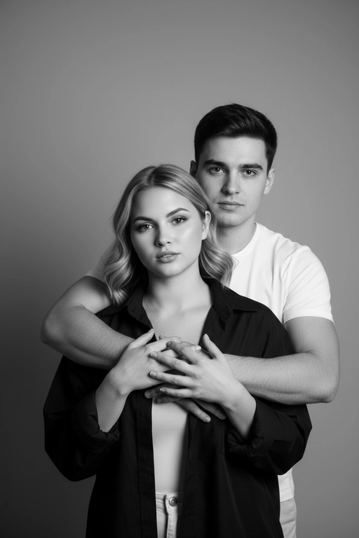 Черно-белый портрет мужчины и женщины в стиле фэшн фотосессии в фотостудии. Не изменяйте лица. Фон нейтральный, однотонный, светло-серый. Атмосфера интимная и спокойная. На переднем плане женщина. Вся композиция выполнена в приглушенной монохромной гамме со студийным освещением, которое подчеркивает текстуру кожи и одежды. Её руки лежат на груди мужчины. Мужчина обнимает женщину сзади, положив свою руку поверх её руки. Она одета в белый топ, черную  оверсайз рубашку. Мужчина одет белой футболке.
Не меняй черты лица .Большой кадр 