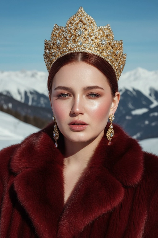 Создай портрет на открытом воздухе в стиле высокой моды, вдохновлённый редакционной фотографией Vogue. Человек элегантно позирует на фоне заснеженных гор под ярким солнечным светом. На заднем плане кинематографический альпийский пейзаж с чистым небом и свежим воздухом. Модель одета в роскошную красную шубу с плотной текстурой, украшенная детализированным ювелирным головным убором похожий на кокошник и подходящими серьгами, которые сверкают на свету. Кожа светящаяся, губы слегка приоткрыты, макияж с ярким румянцем и глянцевым финишем. Освещение яркое, насыщенное и кинематографическое, подчёркивающее контраст между красной шубой и холодными тонами заснеженных гор. Стиль: мода Vogue, высокая мода, ультрареализм, богатая цветовая палитра, разрешение 8К, естественный солнечный.