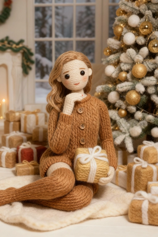 Используя загруженное изображение в качестве основы, создайте произведение искусства из ниток своими руками — диораму из пряжи и фетра. Макросъёмка, мягкий рассеянный свет, пастельная палитра, высокая детализация волокон и стежков, уютная, сказочная атмосфера и слегка уменьшенный масштаб, как в диораме. Если на фото изображены люди - изобрази их в стиле вязаных человечков с глазами-пуговицами.