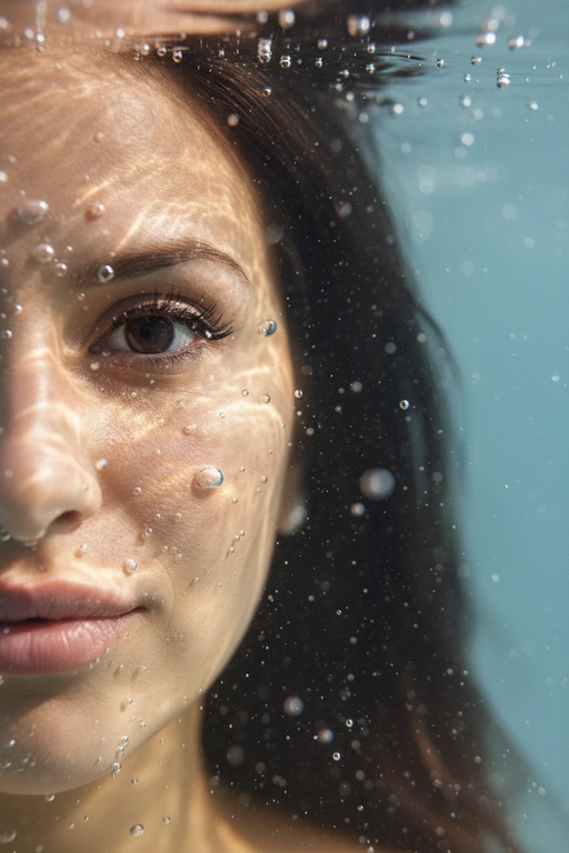 Гиперреалистичный, сверхдетализированный
макропортрет, на котором запечатлена только левая половина человеческого лица, погруженного под воду. Один глаз находится в резком фокусе у крайнего левого края кадра. Лучи света создают динамичные блики на коже, подчеркивая поры, влажные губы, ресницы и тонкие текстуры, создавая эффект реалистичного рассеивания под поверхностью. Капли и пузырьки воздуха придают глубину и подвижность.
Кинематографическое подводное освещение с мягкими тенями и четкими бликами усиливает сюрреалистическую, сказочную атмосферу.
Чрезвычайно малая глубина резкости, фотореалистичный рендеринг. Не меняй внешность, полностью сохрани черты лица.