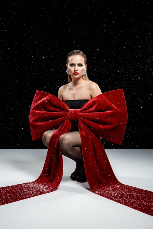Создай изображение не меняя черты лица. Студийный портрет в стиле рождественской/новогодней модной кампании. Я в элегантной, присевшей позе, взгляд сфокусирован прямо в камеру. Огромный, гипертрофированно большой, роскошный бант из красного бархата, который обернут вокруг тела модели как кутюрный элемент одежды  с очень длинными, широкими ниспадающими концами, которые тянутся по полу. Бант и белый пол покрыты имитацией снега. Минималистичный черный топ без бретелей (bandeau) ,темные, полупрозрачные колготки, черные босоножки с открытым носом, на среднем каблуке. Гладко зачесанные назад волосы. Классический, выразительный макияж: яркая алая помада, четкие черные стрелки, хайлайтер. В ушах крупные, блестящие серьги-гвоздики.

Драматичное, контрастное студийное освещение (split lighting). Ярко освещенный белый пол/поверхность. Фон — глубокий черный, с эффектом динамично падающего яркого снега (snow dust effect).Фотография в высоком разрешении, гиперреализм, кинематографическое качество, профессиональный editorial-снимок для обложки Vogue, снято на камеру Hasselblad.