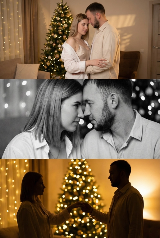 Создай новогодний кинематографичный коллаж, состоящий из трёх горизонтальных кадров друг под другом. Вечер, приглушенный свет, тёплый свет гирлянд, мягкое боке, уютная домашняя атмосфера. 

Кадр 1 (верхний): широкий план. Пара у украшенной новогодней ёлки.
Одежда: девушка в лёгкой белой рубашке, надетой свободно на шелковый топ на тонких бретельках, слегка сползающей с плеч; парень — в светлой рубашке бежево-молочного оттенка. Слабый свет гирлянд, мягкие тени, спокойный романтичный момент.

Кадр 2 (средний): крупный чёрно-белый портрет. Их лица близко, мягкое боке позади. Одежда: те же свободные рубашки, видны только верхние части — мягкая ткань, естественные складки, домашний уют. 

Кадр 3 (нижний): силуэтный кадр на фоне ярких огней. Пара тянется друг к другу. Одежда: светлые рубашки, расстёгнутые манжеты, мягко подсвеченные гирляндами. Золотой свет, много боке, тёплое новогоднее настроение.

Стиль: тёплый, нежный, интимный, романтичный, кинематографичный.