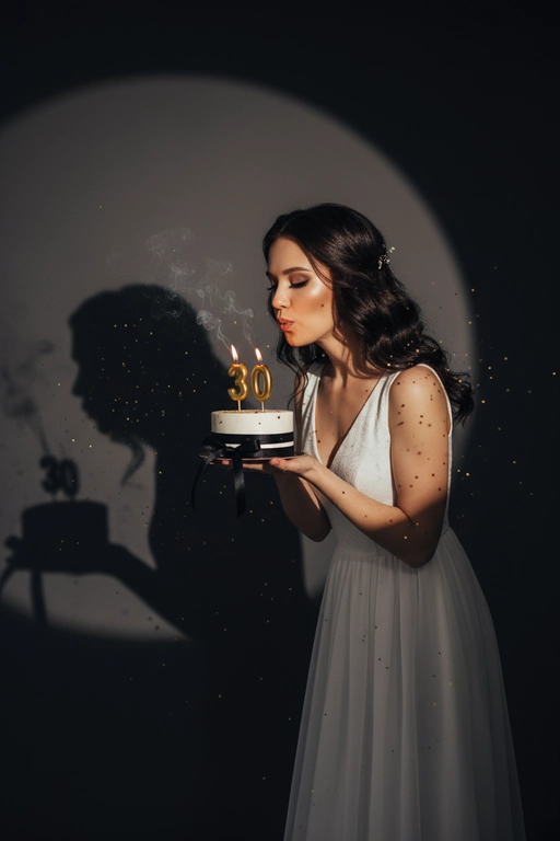 Фотореалистичный портрет женщины с точно таким же лицом, чертами, выражением и цветом волос, как на исходной фотографии - ничего не изменять. Атмосфера - день рождения: мягкий блеск свечи отражается на её лице, в воздухе лёгкие золотистые блёстки, создающие праздничное сияние. Фон темно-серый. Освещение студийное, контрастное, с кругом света на фоне, создающим выразительную тень. Волосы - волнистые, мягко подсвечены. Она немного стоит полубоком. Женщина держит в руках маленький праздничный торт, украшенным чёрными лентами и изящной цифрой из золотых свечей; Она сдувает свечу. Она одета в белое платье без рукавов. Свечки в виде цифр 30