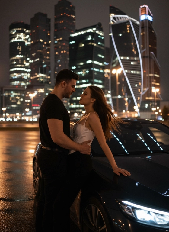 Создайте романтическое ИИ-фото на капоте авто с видом на Москва-Сити