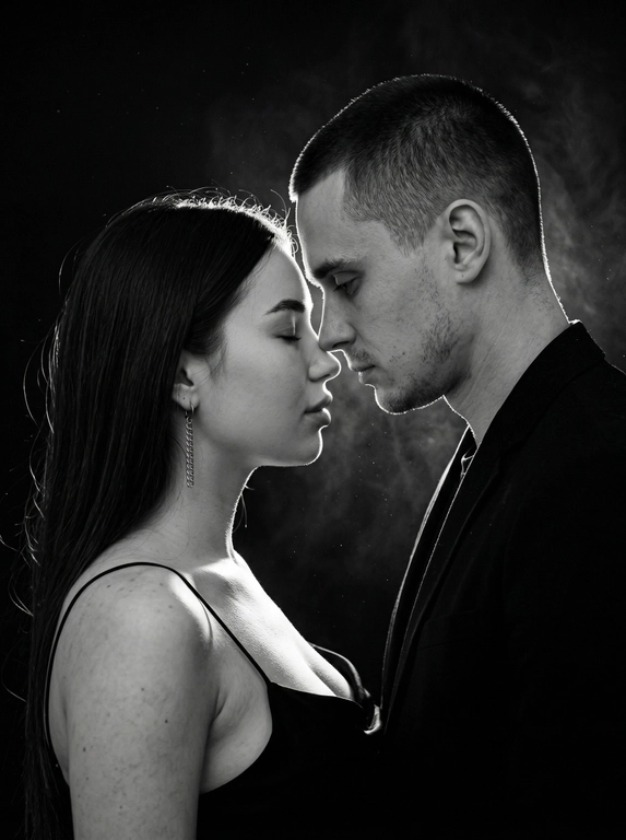Фотореалистичный чёрно-белый кинематографичный портрет пары в тёмной студии. Сохранить внешность по загруженным фото: черты лица, пропорции, возраст, форму глаз/носа/губ, текстуру кожи и естественную мимику — без идеализации и изменений.
Крупный план по пояс, профиль к профилю. Мужчина слева, женщина справа. Они стоят очень близко, лбы и кончики носов почти соприкасаются, момент «перед поцелуем». Взгляд опущен (не в камеру): он смотрит вниз/на её губы, она закрывает глаза или смотрит вниз, выражение тихое и нежное. Между ними минимальная дистанция, без улыбок, атмосфера интимная и спокойная.
Мужчина в тёмной рубашке/пиджаке. Женщина в чёрном платье/топе на тонких бретелях, открытые плечи, серьга-цепочка, кожа с естественным бликом.
Свет: жёсткий контровой/рисующий свет сзади и чуть сбоку (rim light), сильная световая окантовка по волосам и профилям, передняя часть лица в мягкой полутени. В воздухе видны мелкие пылинки/частицы, подсвеченные контровым светом, лёгкий кинематографичный дым/хейз (очень деликатно). Фон полностью чёрный, без деталей.
Оптика/съёмка: 85mm, f/1.8-2.2, малая ГРИП, резкость на линии нос-лоб, остальное плавно уходит в мягкое боке.
Высокий контраст, глубокие чёрные, яркие хайлайты по волосам, плёночное зерно, лёгкий glow на контуре, без «пластика» и без пересвета на коже.