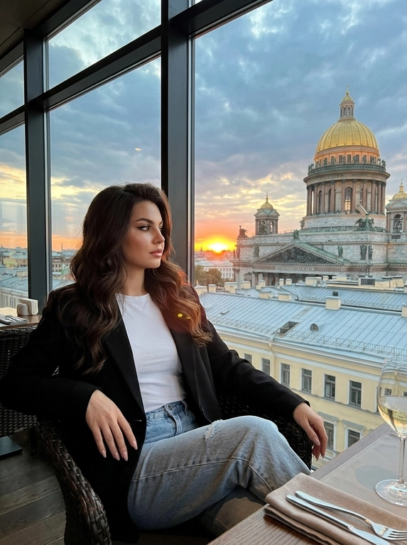 Женщина у панорамного окна в ресторане