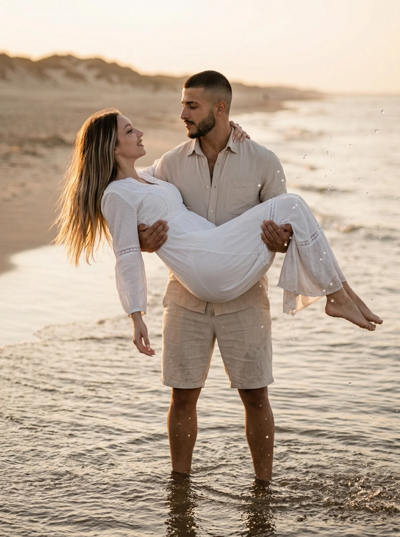 Это романтичный кадр, возможно, из свадебной фотосессии или просто фотосессии пары. Действие происходит на морском побережье во время заката. Общая атмосфера мягкая, теплая и нежная. Цветовая гамма теплая, с преобладанием оттенков бежевого, песочного и золотистого, отражающих закатное солнце и цвет песка.

Мужчина стоит в воде, которая доходит ему примерно до колен. На нем надета светлая рубашка с коротким рукавом, частично расстегнутая, и светлые шорты. Он держит на руках женщину, одну руку он подложил ей под спину, а второй держит под коленями. Его поза расслабленная, но крепкая, он смотрит вниз.

Женщина лежит на руках мужчины,  откинувшись назад. На ней надето легкое,  белое платье с длинными рукавами. Её поза непринужденная, руки свободно свисают вниз. Волосы распущены и свободно ниспадают вниз. Кажется, что она смеется или улыбается. Вокруг них брызги воды, создающие динамичный эффект.