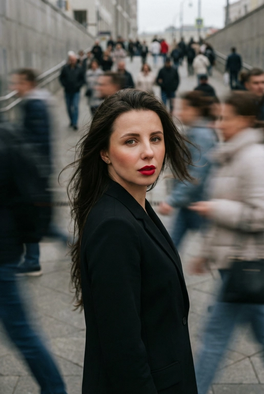   Кинематографичная фотография с эффектом смазанного движения, снятая на Leica SL3 с объективом 50mm Summilux при f/2.8, с фронтального ракурса на уровне груди, с использованием медленной выдержки и панорамирования. Ровный пасмурный дневной свет выступает как мягкий диффузор, позволяя создавать длинные шлейфы размытия без жёсткого контраста. Цветовая тональность — приглушённые бетонно-серые оттенки и нейтральные тона светлой кожи, вдохновлённые фильмами студии A24. Женщина с референса:  волосы застыли в полёте перед лицом, кожа с лёгким румянцем ловит тёплый свет, глаза пронзительно смотрят прямо в камеру, сохраняя неподвижность среди хаоса; губы подчеркнуты насыщенной вишнёво-красной помадой, создающей главный цветовой акцент, на ней сдержанный минималистичный образ. Сотни спешащих прохожих проносятся во всех направлениях, их тела вытянуты в плавные горизонтальные и диагональные размытия. Эмоция — тихий бунт через неподвижность. Эстетика — редакционный покой против хаоса. Постобработка: чистая физика движения, тонкое зерно, без глитчей, без искажений лица и деформаций анатомии. --ar 9:16 -- raw