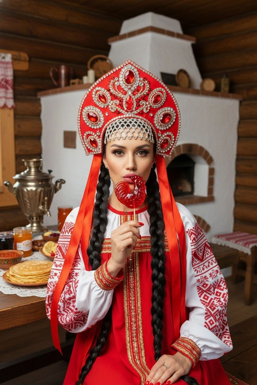 Человек в традиционном русском образе Масленицы. На ней роскошный красный кокошник, украшенный алыми камнями, стразами и длинными красными лентами, спадающими по бокам.

Она одета в красно-белое платье, выполненное строго по традициям масленичных нарядов, с вышивкой и народными орнаментами. В руке человека красный леденец-петушок и подносит его к лицу, создавая игривое, сказочно-праздничное настроение.

Сцена происходит внутри уютной деревянной избы. Перед ней — массивный деревянный стол с румяными блинами, красной икрой и разнообразными традиционными масленичными угощениями. На заднем плане — белая русская печь.

Фотография снята со вспышкой, с ярким контрастом и лёгким глянцевым эффектом, подчёркивающим детали образа и фактуры. 

Не меняй возраст и пол человека на исходном фото. Волосы заплетены в две косы