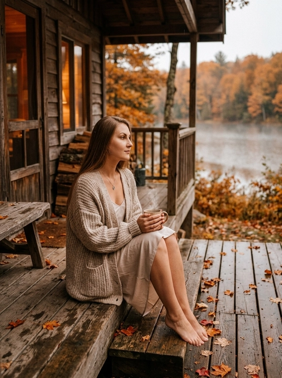 A cozy cinematic photo of a woman sitting on the wooden porch of a rustic lakeside cabin in autumn. She is wearing a cozy oversized knitted cardigan over a light slip dress, holding a warm ceramic mug with both hands. Barefoot, sitting with legs curled up slightly, looking away thoughtfully towards the scenic view of a lake and autumn forest with fallen leaves scattered on the wet wooden floorboards. Soft warm interior lighting blending with overcast daylight, rich warm brown and orange color tones, moody, peaceful, highly detailed, photorealistic.
