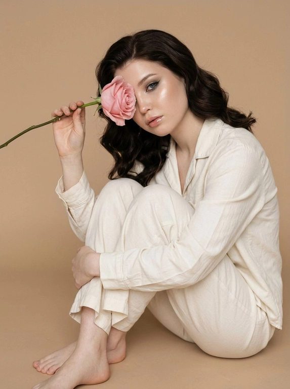 Сохрани внешность человека с исходного фото. Создай студийное фото на котором человек сидит на полу обнимая колени одной рукой. Второй рукой человек держит красивую нежную розу с большим бутоном, бутон цветка закрывает часть её лица. Макияж красивый профессионалный, ровная кожа с естественным сиянием, немного хайлайтера, дымчатые тени, красивые тонкие графичные стрелки, губы в прозрачном блеске. Одежда: светлый хлопковый костюм по типу пижамы, рубашка с длинным рукавом и свободные брюки. Но ноги босые. Фон бежевый, бесшовный и однотонный, фокус на человеке. Естественный свет допустимо лёгкое зерно. Высокое качество фото.

Прическа: Волосы ухоженные уложены крупные волнами.