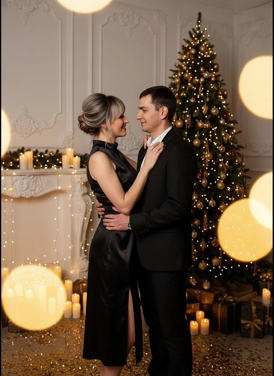Праздничная новогодняя фотосессия пары в нарядной фотостудии во французком стиле: белые стены, лепнина, большая ёлка, свечи, гирлянды, блёстки на полу. Женщина — в чёрном атласном платье миди с высоким воротником, без рукавов и боковым разрезом.. Мужчина — в черном пиджаке, белой рубашке, черных брюках.. Фото со вспышкой, фон очень темный, акцент на золотом огне от гирлянд и свечей, блёстки, сияние. Атмосфера дорогого новогоднего вечера. Крупный план. Они танцуют, лица близко. Она кладёт руку ему на шею, он держит её за талию. Золотое боке от гирлянд позади. Лица хорошо видны, мягкое тёплое освещение. Не изменять прическу, внешность,мимику, черты лица, возраст, оставить как на исходных фото

