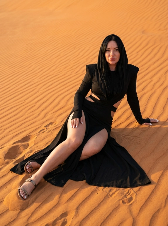 A hyper-realistic fashion photo of a woman reclining on the slope of a rippled orange sand dune during golden hour. Full-body shot, the entire body visible from head to toes, both feet fully visible, no cropping, low angle, her body placed diagonally across the dune, leaning back on one arm while the other hand rests naturally near her thigh. One leg is extended, the other slightly bent through the high slit of the skirt. She looks directly into the camera with a calm, confident expression. She wears a dramatic black hooded outfit with structured shoulders, fitted long sleeves with thumbholes, a waist cutout, and a long skirt with a high slit. Minimal dewy makeup, clean white manicure, natural skin texture, realistic pores, no plastic skin, no CGI. Warm golden-hour light, soft sun glow, gentle shadows, detailed sand texture, realistic fabric folds, cinematic but natural atmosphere. Shot on Canon EOS R, 24-70mm lens, sharp focus, ultra-realistic editorial photography.