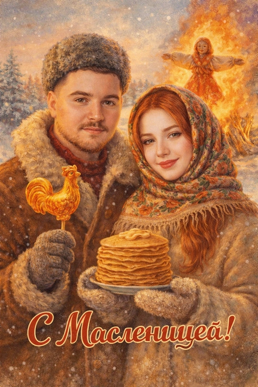  Создай винтажную открытку из предоставленных фотографий. Не меняй внешность, возраст, черты лица и индивидуальные особенности.
Стиль — советские сказочные открытки 1950–1970-х годов: мягкая живописная иллюстрация, тёплая палитра, ощущение уюта, лёгкая художественная детализация, деликатное зерно.
Композиция и формат:
Одежда: в традиционной славянской зимней одежде (шапки, полушубки, платки, варежки).
В руках могут быть традиционные угощения (сахарный петушок на палочке, крендель, стопка блинов на тарелке).
На заднем фоне — большая горящая Масленица (чучело на костре).
Зима, золотой час, мягкий тёплый свет.
Качество 8K.
Надпись: «С Масленицей!»
Шрифт — изящный, рукописный, сказочный, в стиле советских открыток.

