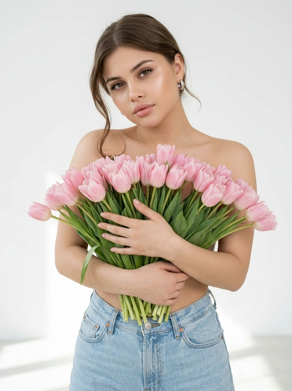 Женщина позирует в на белом фоне. Мягкие тени на стене и полу, ощущение воздуха и пространства. Макияж натуральный: ровный сияющий тон кожи, подчеркнутые ресницы, мягкие розовые губы. Атмосфера кадра — женственность, свежесть, легкость, весеннее настроение. Крупный план по грудь. На ней только светло-голубые широкие джинсы Levi’s с высокой посадкой. Взгляд в камеру, спокойное уверенное выражение лица. Голова немного наклонена вбок.

Какие будут цветы?: Она обнимает большой букет розовых тюльпанов, полностью прикрывая им грудь. Стебли естественно опущены вниз под весом цветов.